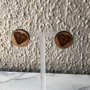 Wooden earrings round with a diamond shape burnt into it homemade new
